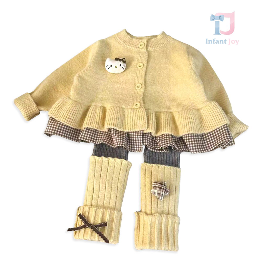 Set premium de 3 piese cu cardigan tricotat și colanți reiati cu elemente 3D și jambiere Plush Kitty Beige