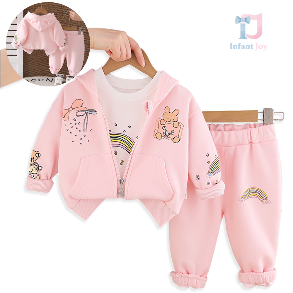 Set sport de 3 piese din sweatshirt cu glugă, imprimeuri, bluză și pantaloni Rainbow Shine Pink