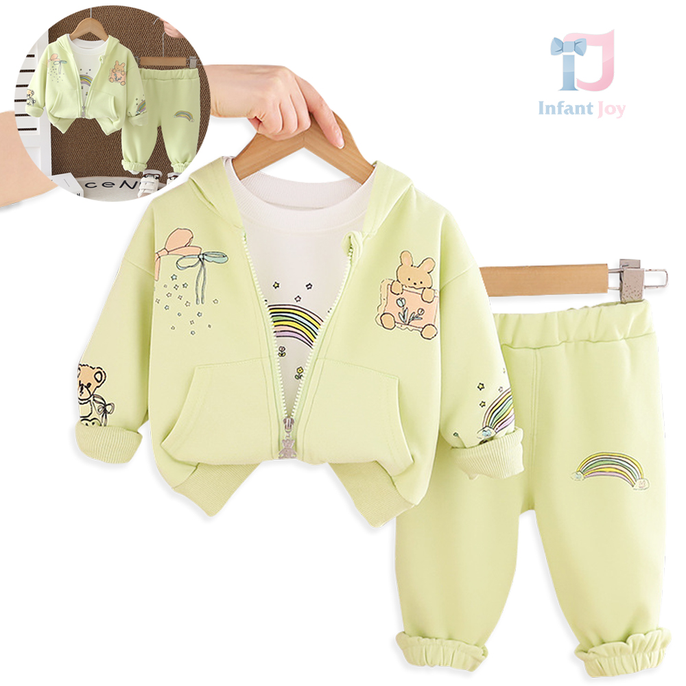 Set sport de 3 piese din sweatshirt cu glugă, imprimeuri, bluză și pantaloni Rainbow Shine