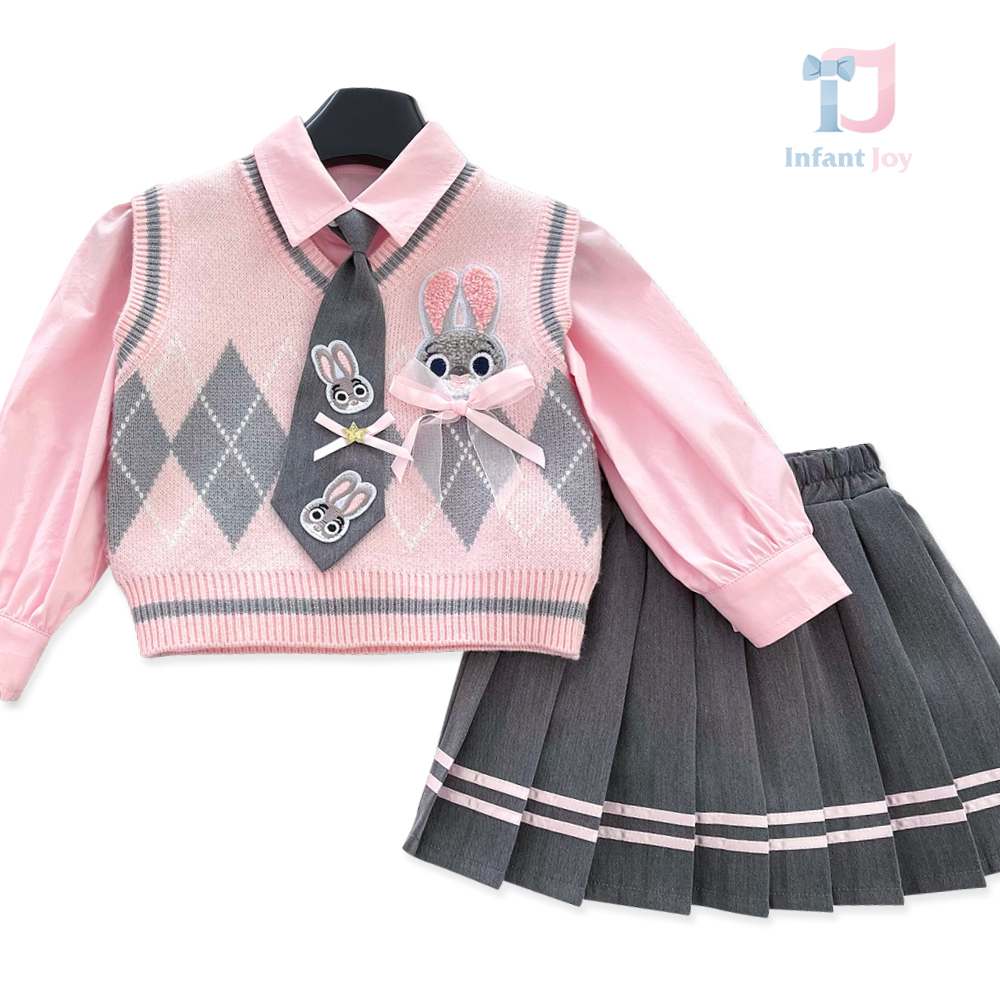 Set premium elegant de 4 piese din vestă cu aplicație plușată, cămașă, fustă plisată și cravată Student Bunny