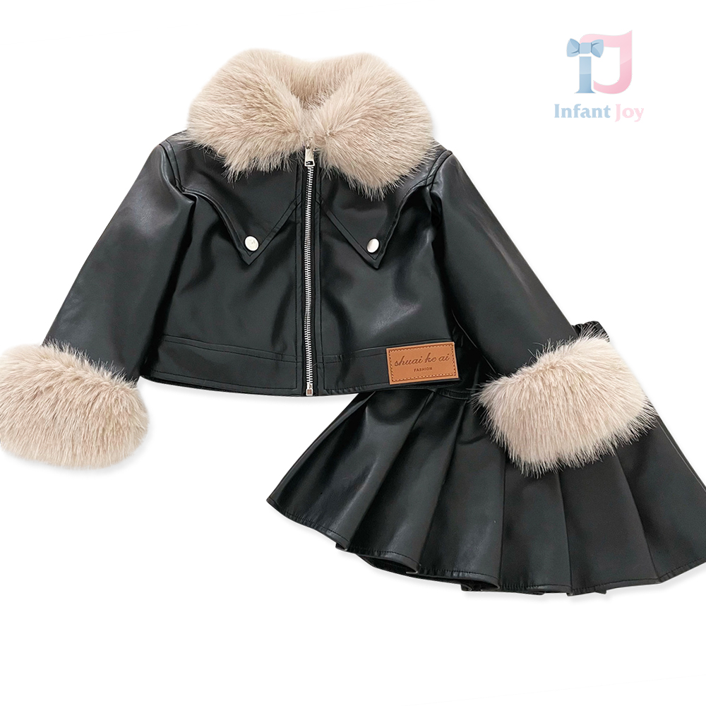 Set premium de 2 piese din piele ecologică, cu jachetă și fustă cu blană ecologică bogată Aurora Fluff Black
