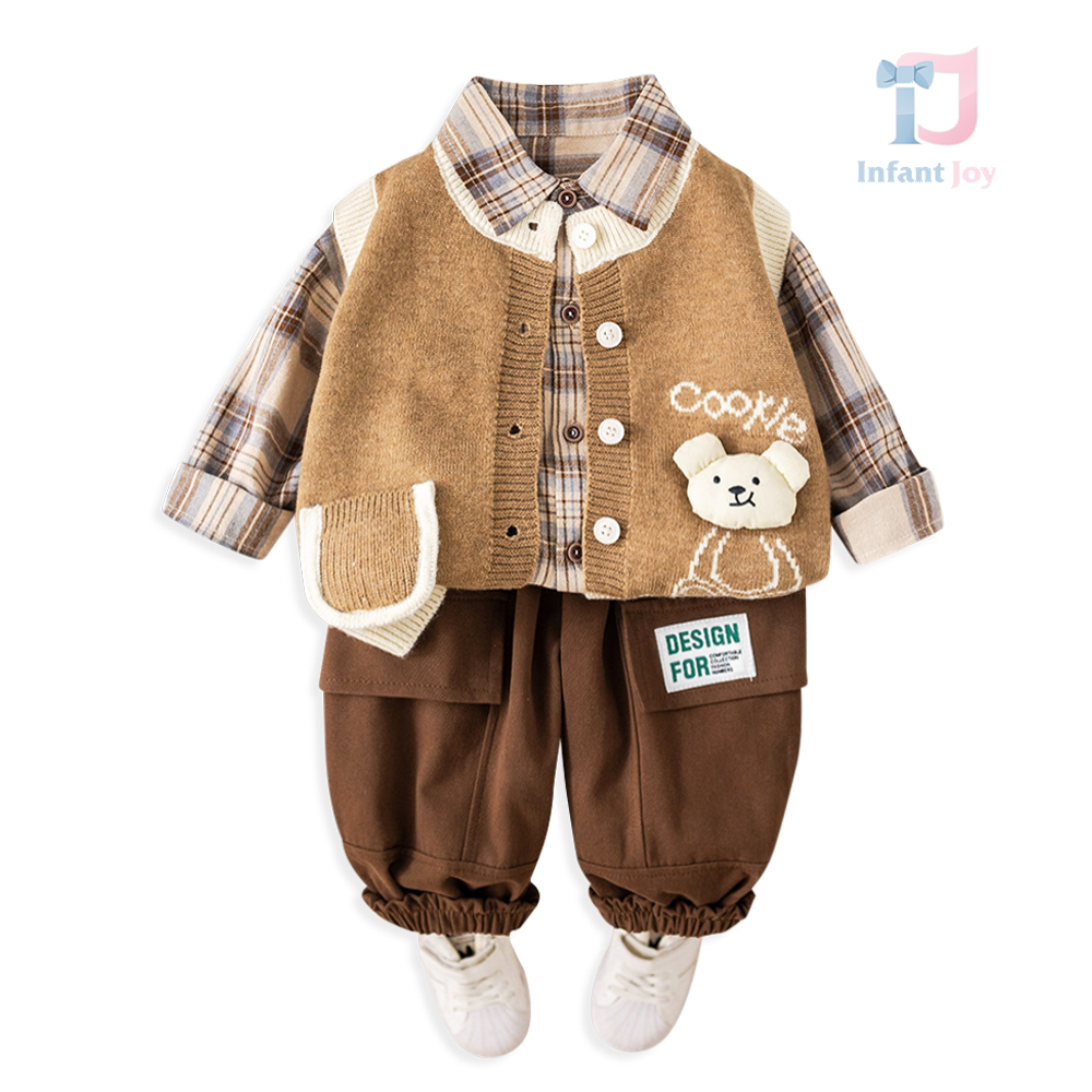 Set de 3 piese cu vestă tricotată, cămașă în carouri și pantaloni Cookie Design Caramel