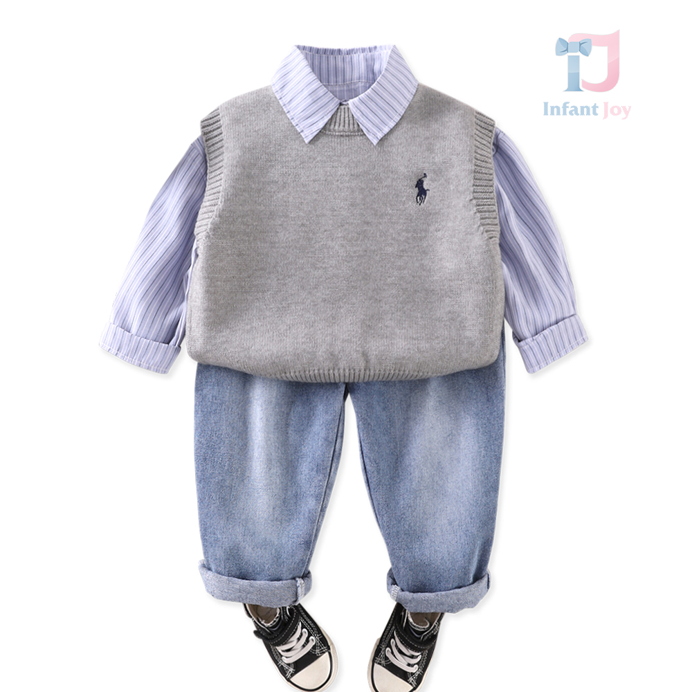 Set sport-elegant de 3 piese cu cămașă cu guler clasic, vestă tricotată și pantaloni din denim Denim Class