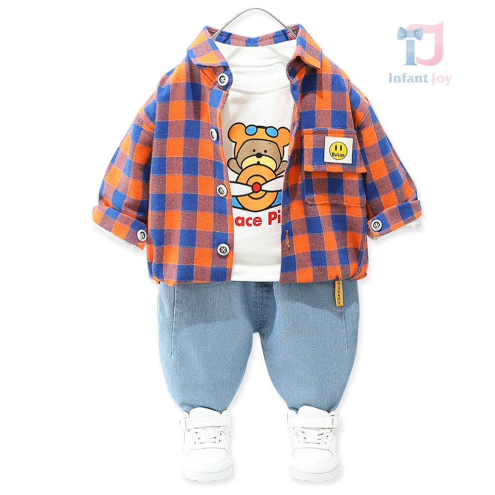 Set de 3 piese cu pantaloni din denim și cămașă în carouri Race Pilot Orange