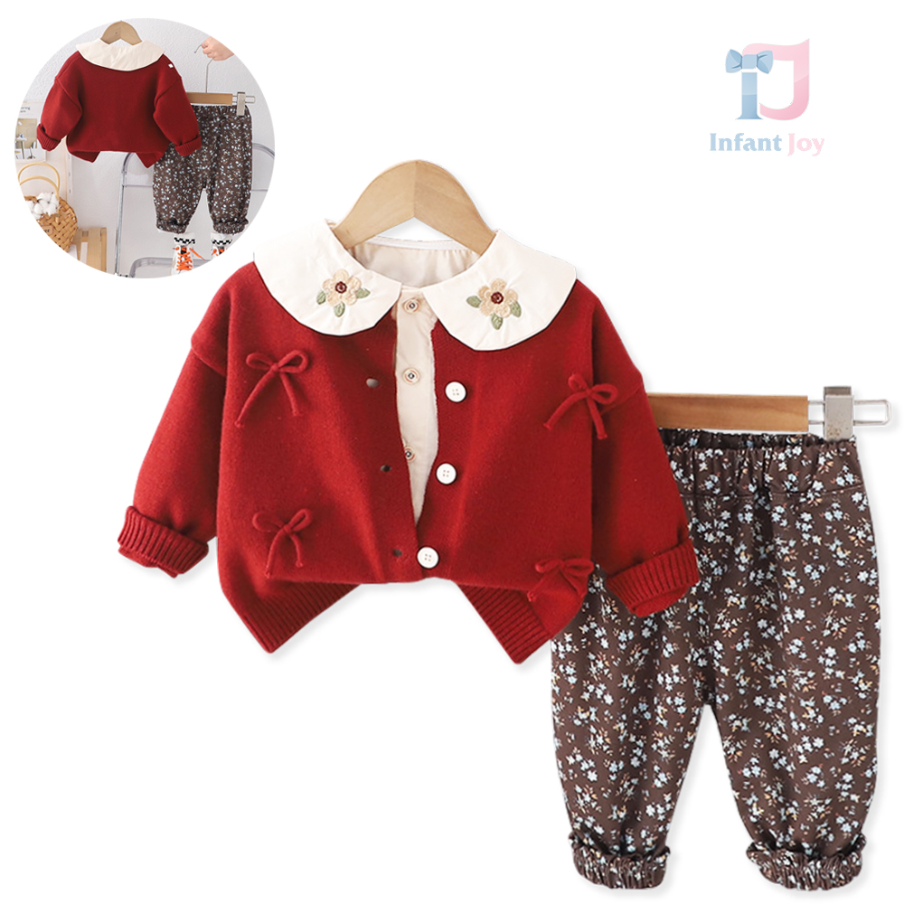 Set de 3 piese cu cardigan tricotat cu fundițe 3D, cămașă cu guler „Peter Pan” și pantaloni cu imprimeu floral Rustic Rose