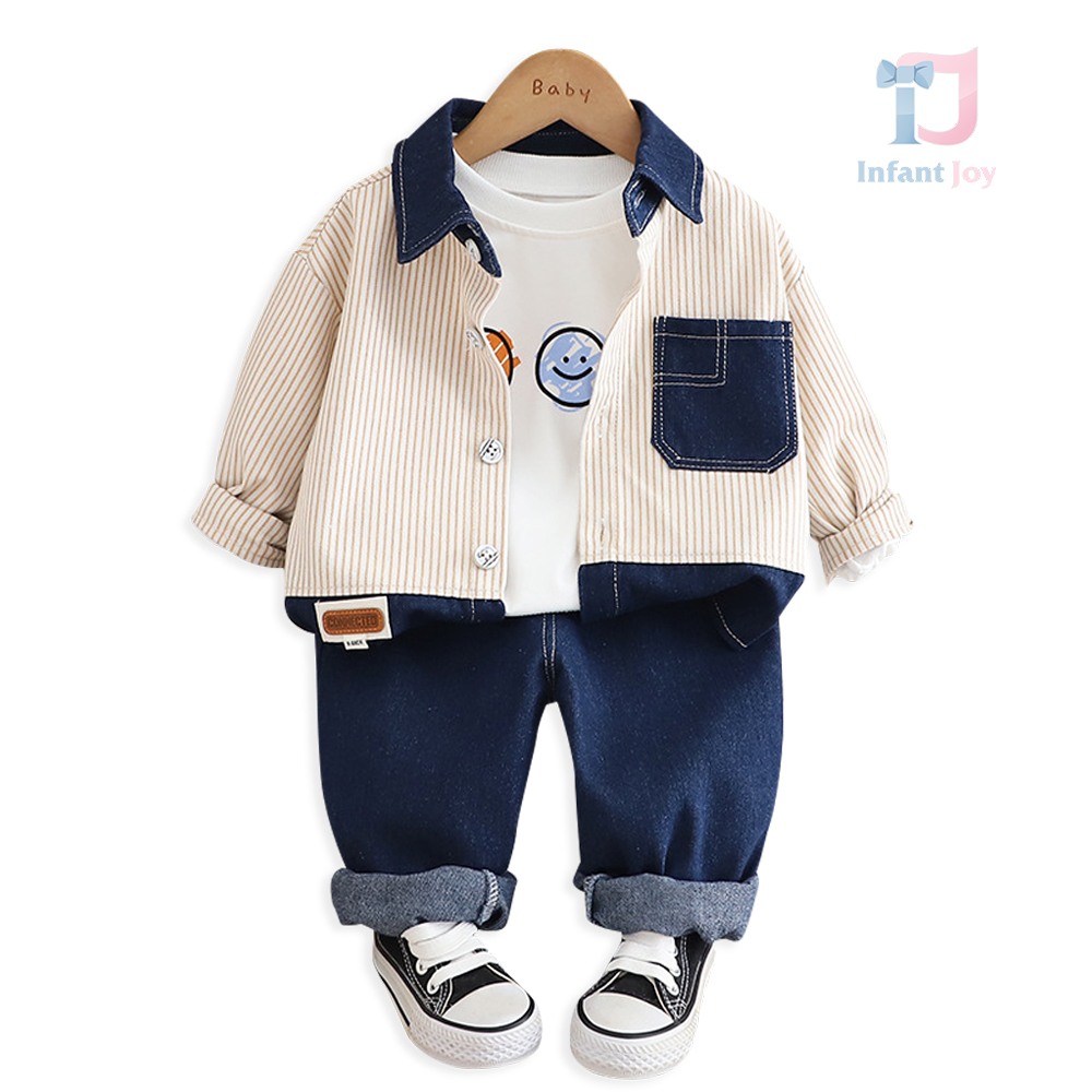 Set de 3 piese cu cămașă în dungi, bluză și pantaloni din denim Emoji Denim Light