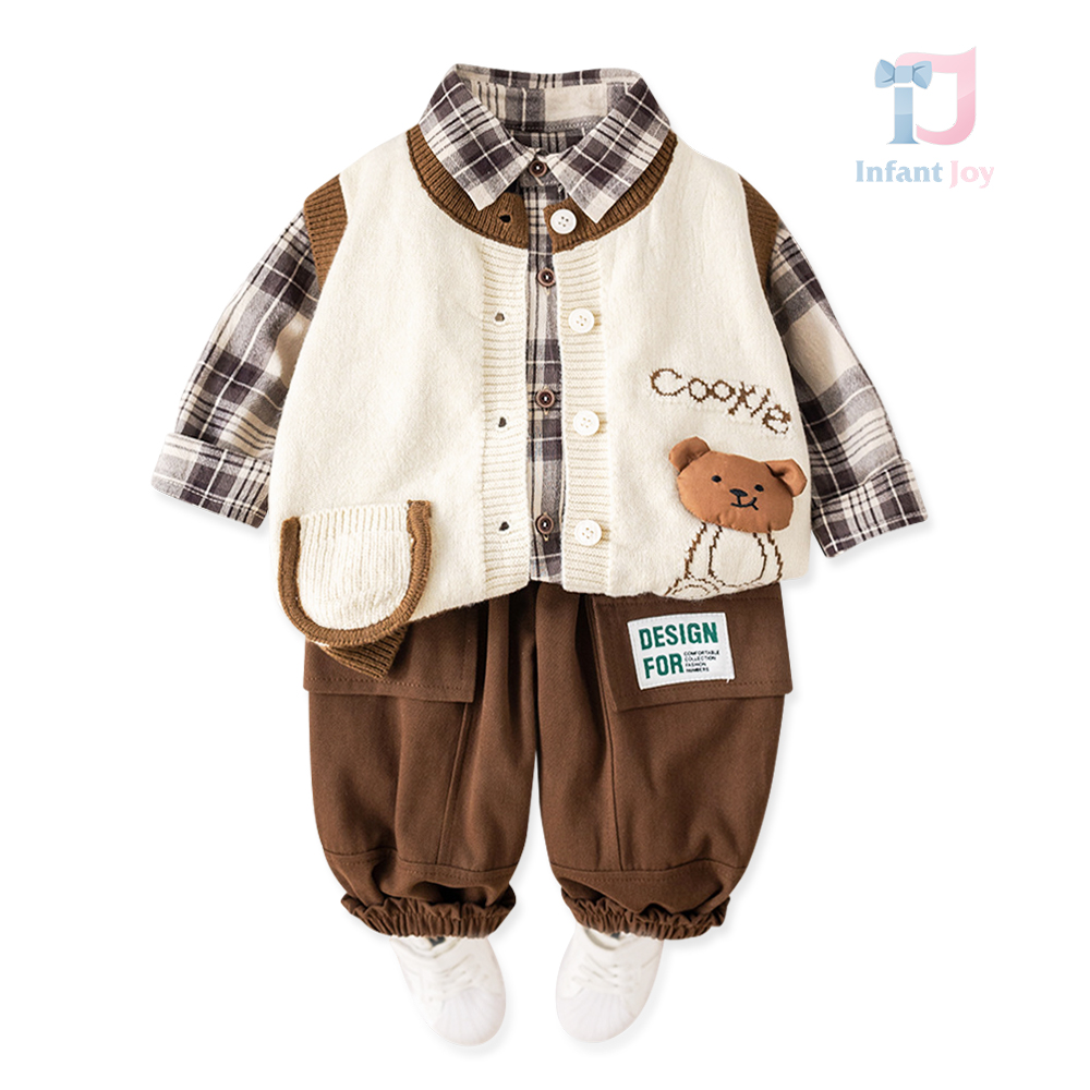 Set de 3 piese cu vestă tricotată, cămașă în carouri și pantaloni Cookie Design