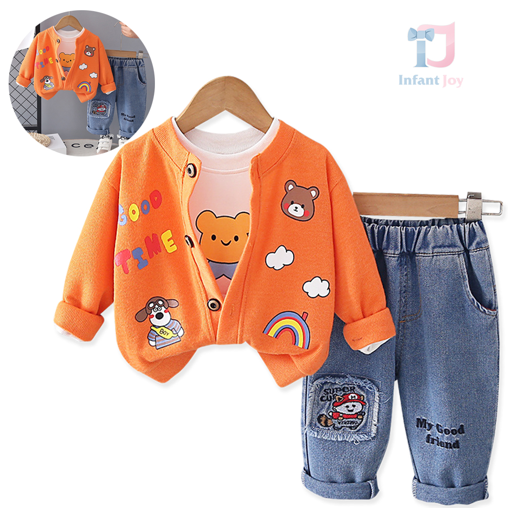 Set modern de 3 piese din cardigan cu imprimeuri multiple, bluză și pantaloni din denim Good Time Orange
