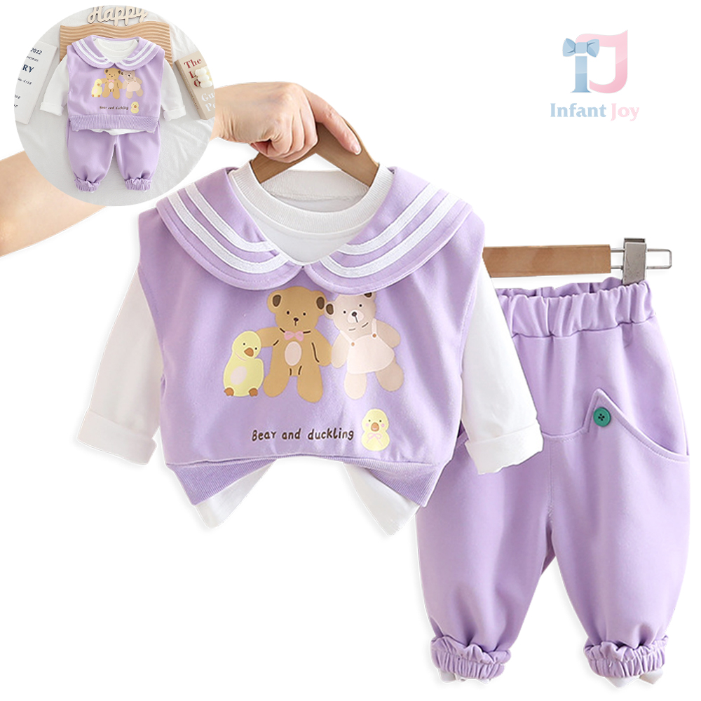 Set de 2 piese cu vestă cu guler tip „Peter Pan”, elemente imprimate, bluză clasică și pantalon Bear and Duckling Lilac