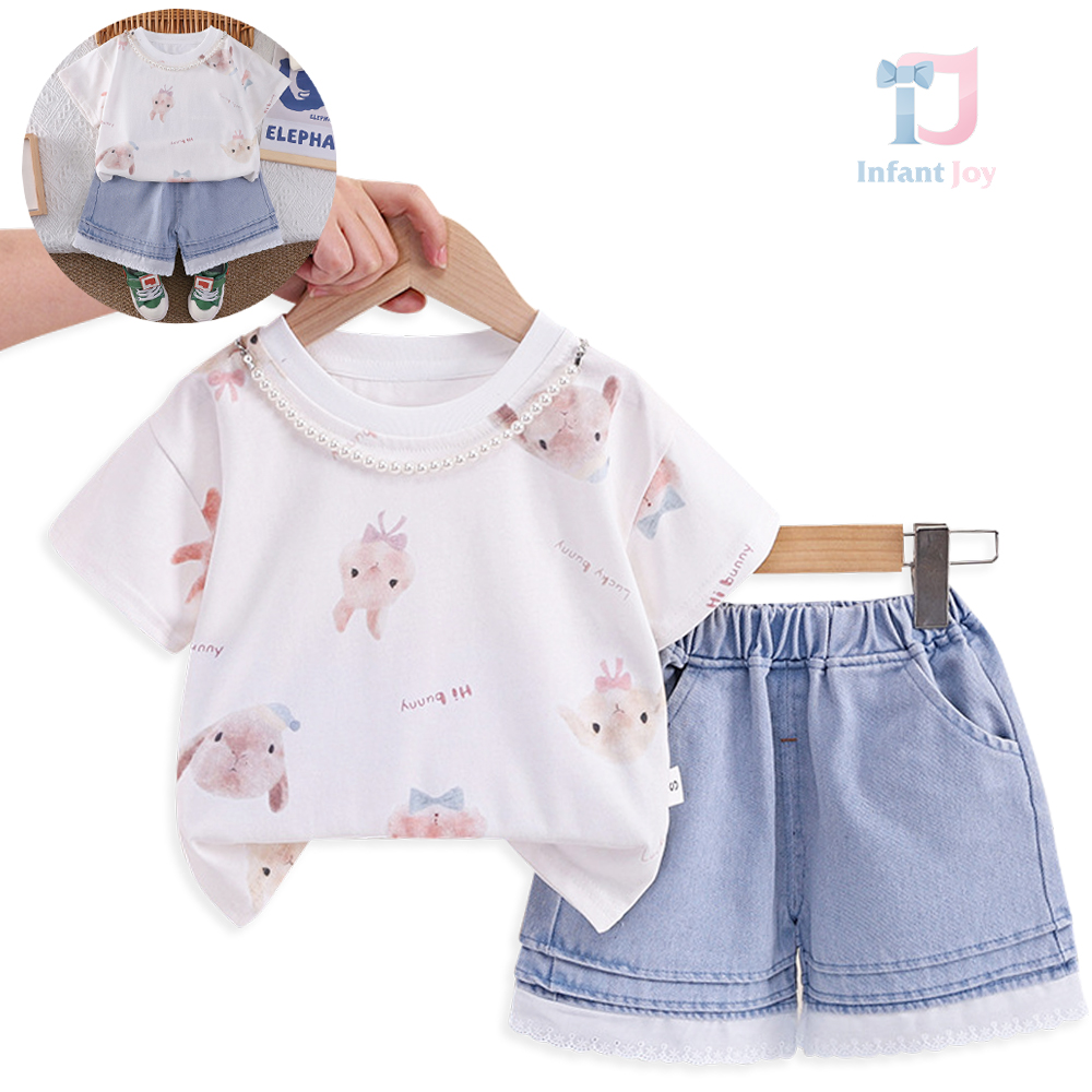 Set de 2 piese cu tricou cu multiple imprimeuri cu iepurași și pantaloni scurți din denim Hi Bunny