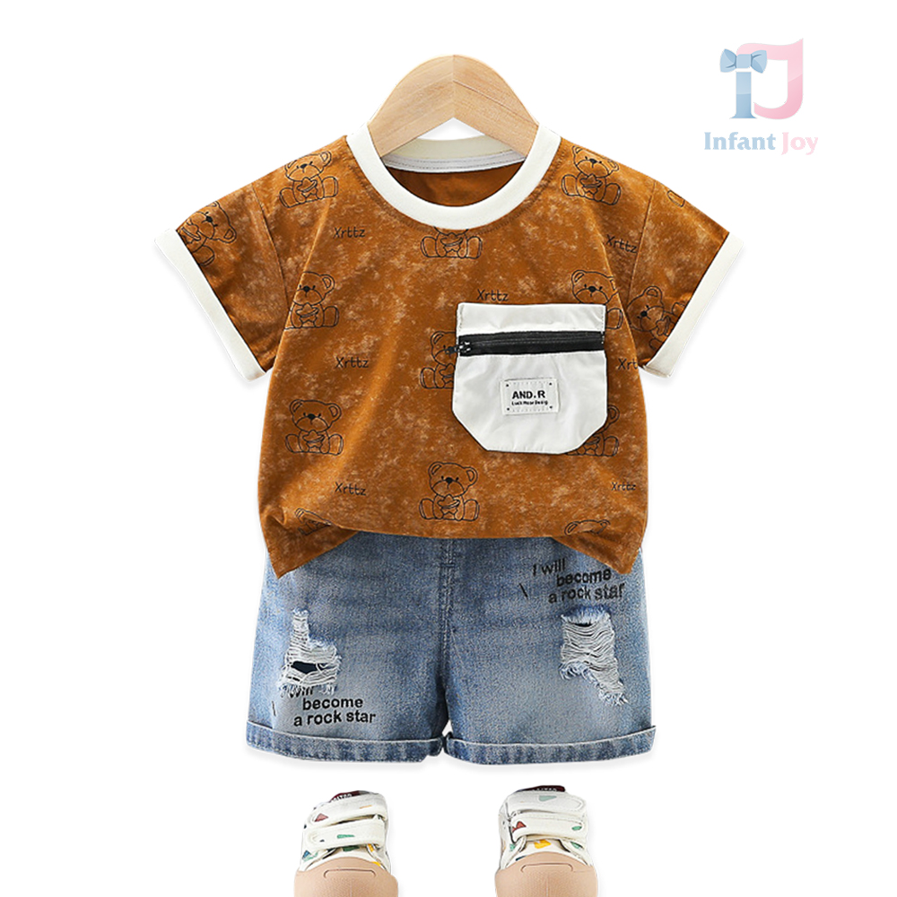 Set de 2 piese cu tricou cu buzunar și pantaloni din denim Rockstar Bear