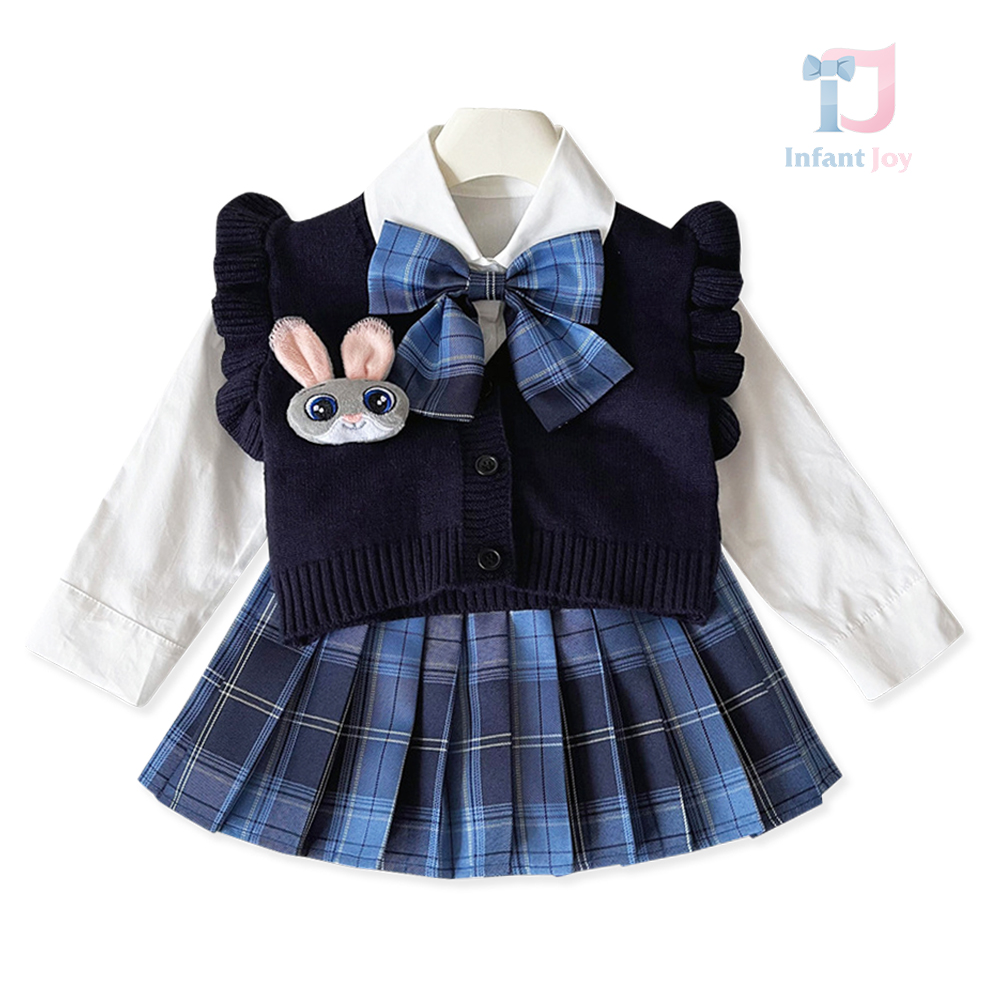 Set elegant de 4 piese cu vestă din tricot, cămașă, fustă plisată și fundă detașabilă School Bunny