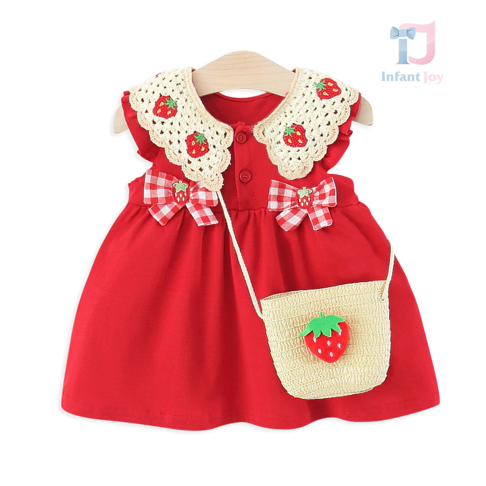 Set de 2 piese din rochie cu guler tricotat, broderie, elemente 3D și geantă de umăr Strawberry Cocktail