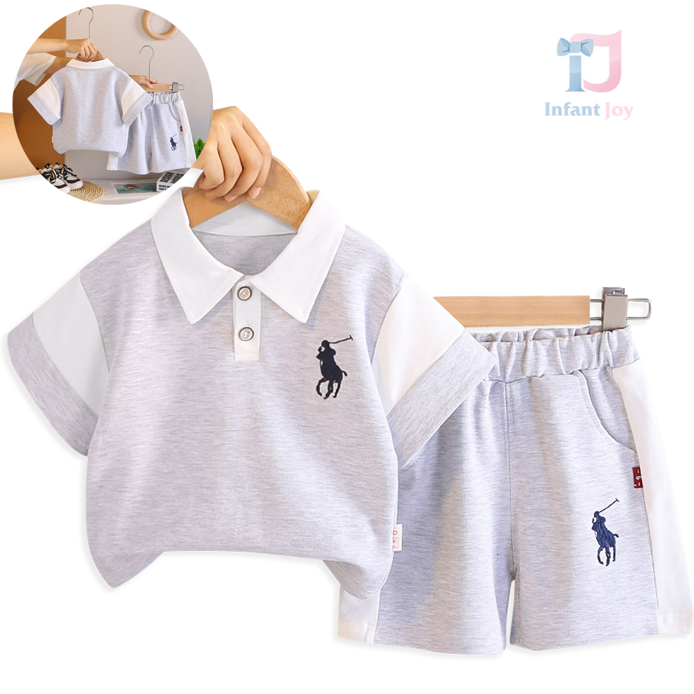 Set de 2 piese cu tricou cu guler clasic și pantaloni scurți cu broderie Summer Polo Grey