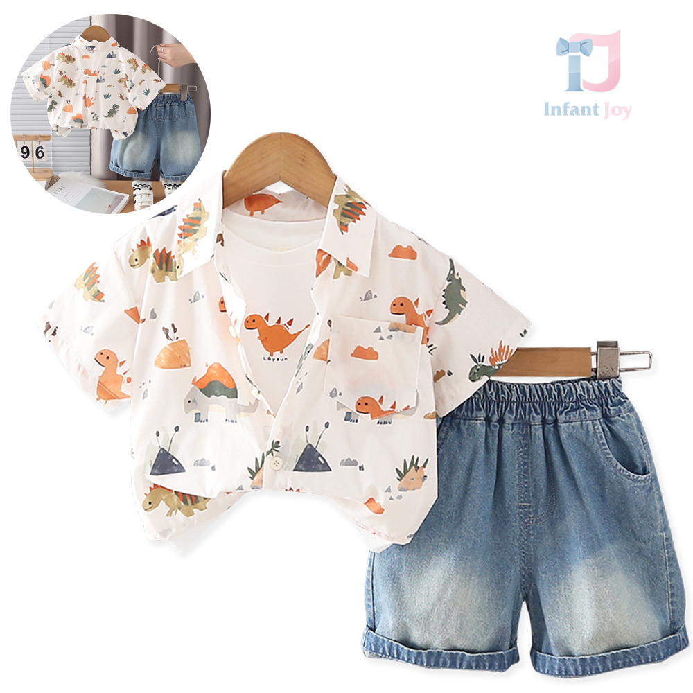 Set de 2 piese din cămașă cu mânecă scurtă, tricou și pantaloni din denim Sunny Dino