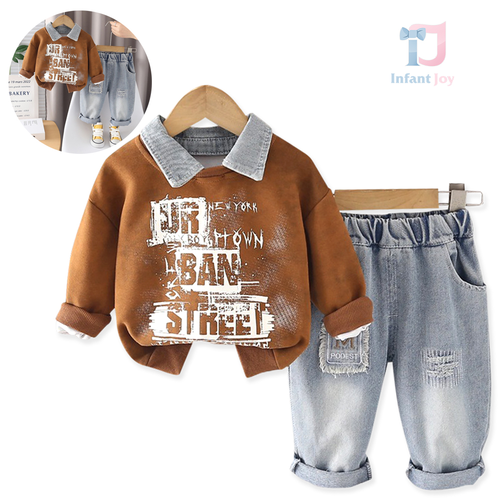 Set de 3 piese din bluză/sweatshirt cu imprimeuri, pantaloni din denim și guler detașabil din denim Urban Street