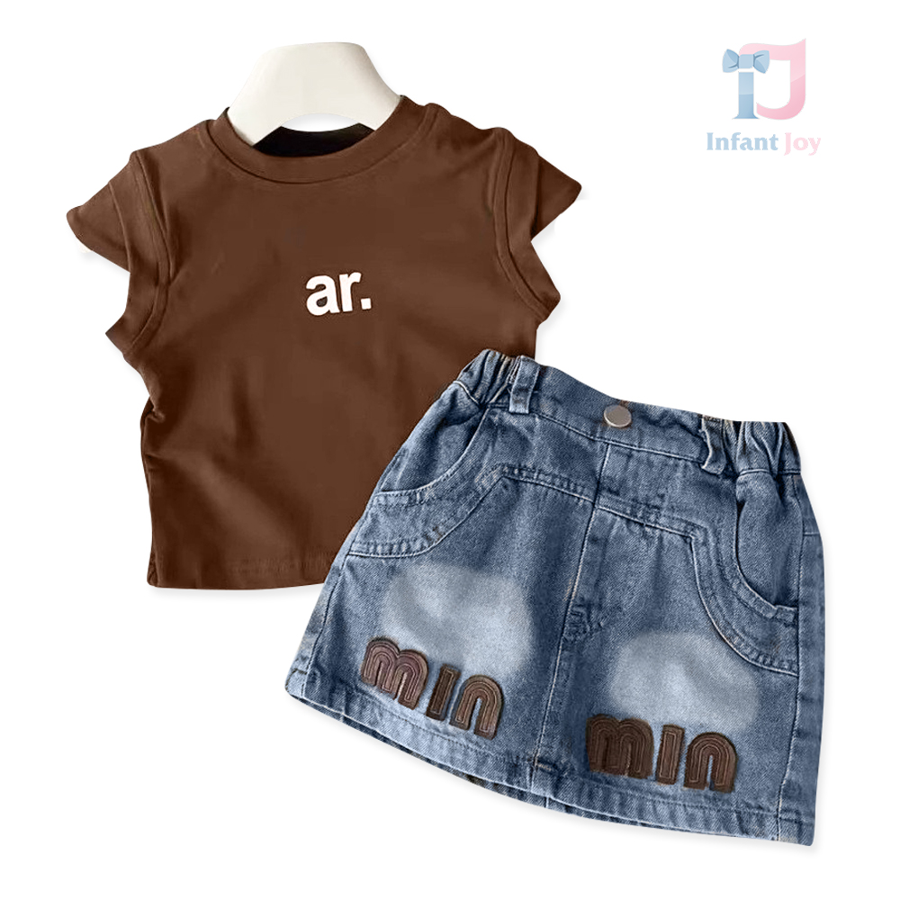 Set de 2 piese cu tricou cu mânecă extravagantă și fustă din denim cu aplicație Chocco Min