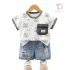 Set de 2 piese cu tricou cu buzunar și pantaloni din denim Rockstar Bear White