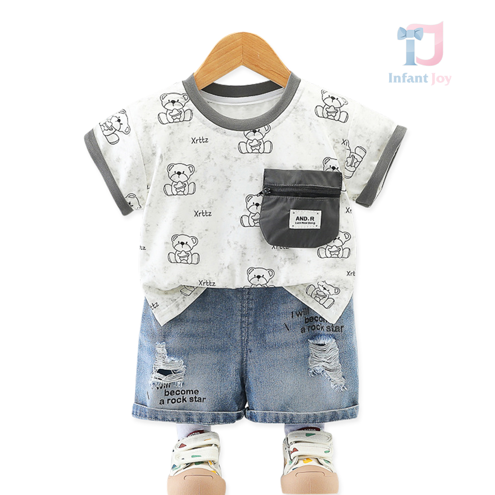 Set de 2 piese cu tricou cu buzunar și pantaloni din denim Rockstar Bear White