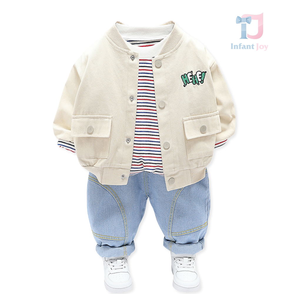 Set de 3 piese din jachetă tip bomber, bluză cu dungi și pantaloni din denim Hehe