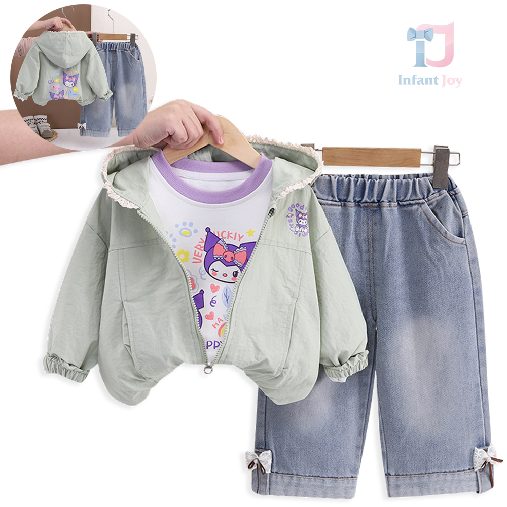 Set de 3 piese din jachetă cu glugă și volane, bluză și pantaloni din denim Mint Joy
