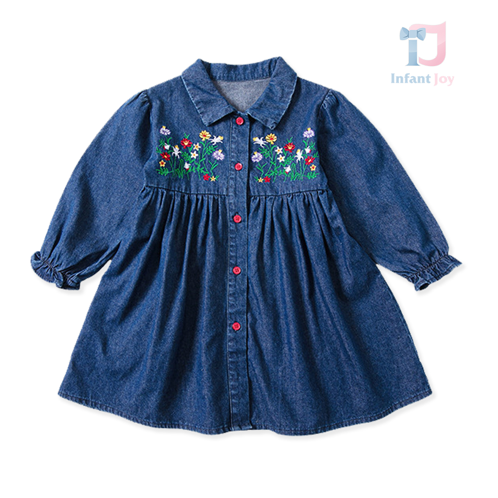 Rochie din denim cu guler clasic, mâneci bufante și broderie Spring Flowers