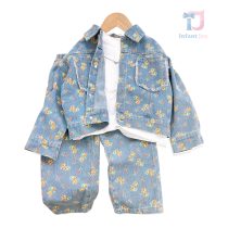 Set din denim de 2 piese cu jachetă cu model floral, guler clasic și pantaloni Denim Bouquete