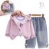 Set de 3 piese din jachetă/vântbreaker cu glugă și volane, bluză și pantaloni din denim Lavender Joy