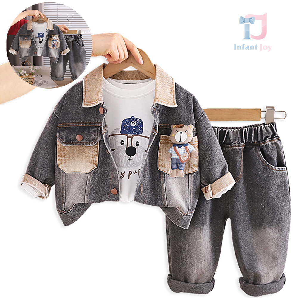 Set de 3 piese din jachetă din denim cu guler clasic, element 3D, bluză și pantaloni Special Bear