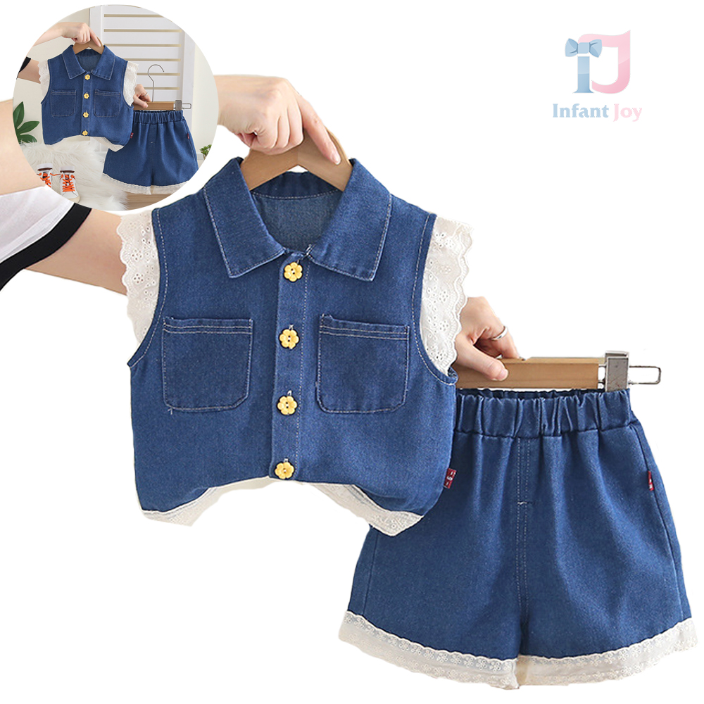 Set din denim de 2 piese cu vestă, accente din dantelă și pantaloni scurți Lace Reverie Navy