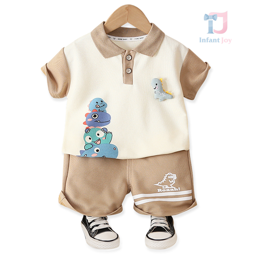 Set de 2 piese din tricou cu guler clasic, element 3D și pantaloni Roaah Dinos Beige
