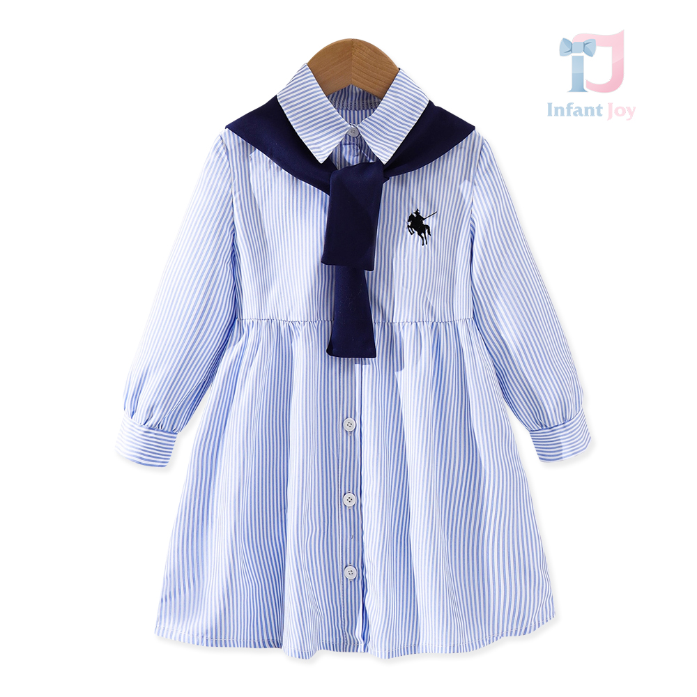 Set de 2 piese format din rochie în dungi cu nasturi și eșarfă Classy Girl Blue