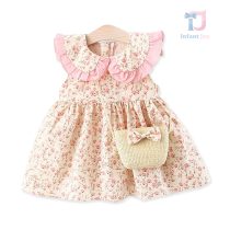 Set de 2 piese format din rochie florală cu guler tip Peter Pan și geantă de umăr Pink Flora