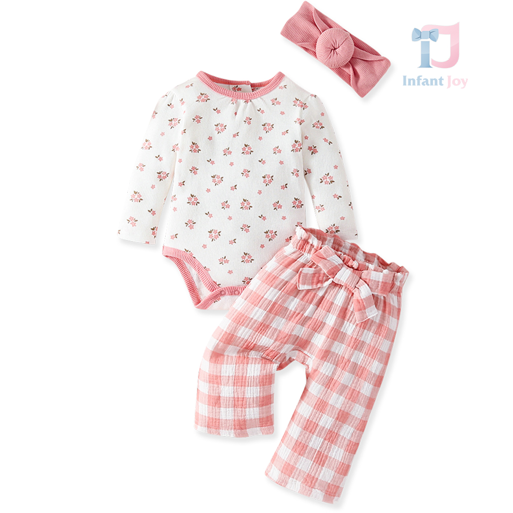 Set de 3 piese din body, pantaloni din muselină și bentiță pentru cap Pink Flowers