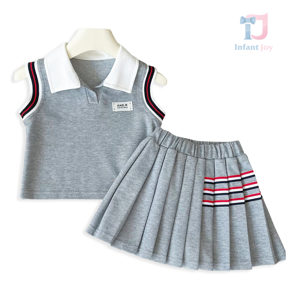 Set de 2 piese din top cu guler clasic și fustă plisată Adore Grey
