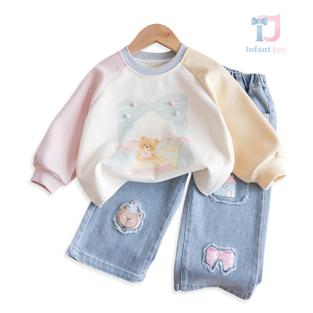 Set de 2 piese cu bluză/hanorac și pantaloni din denim cu aplicații colorate Bear Ribbon