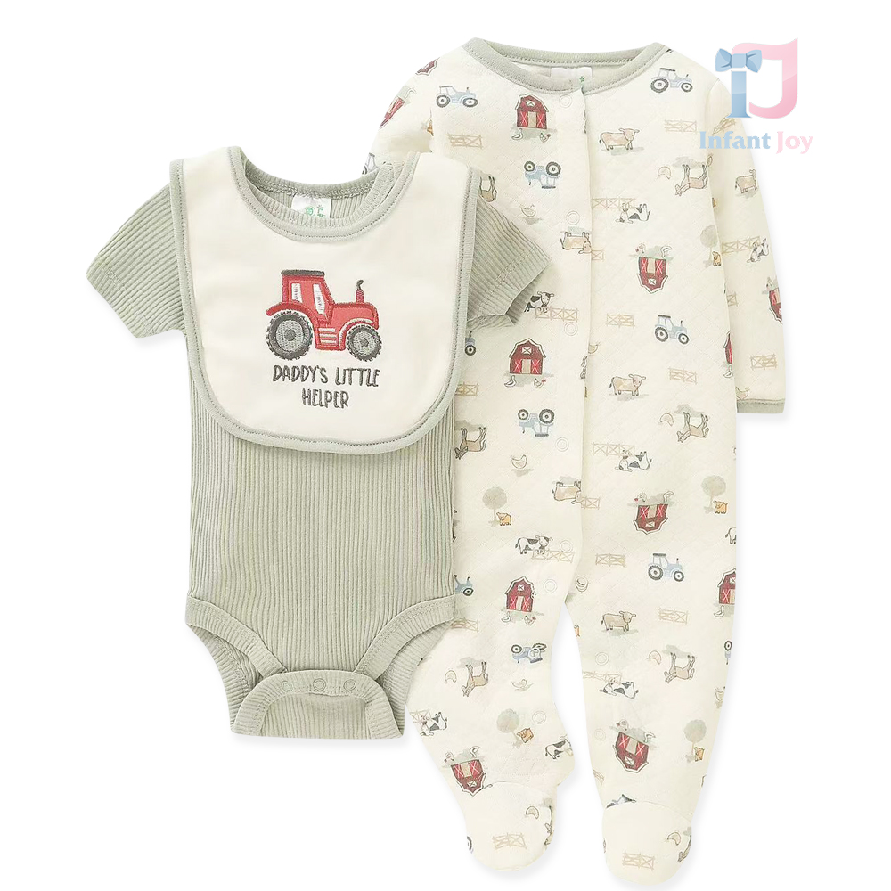 Set de 3 piese din romper cu imprimeu fermier, body și bavetă Daddys Helper