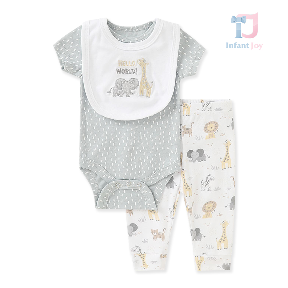 Set de 3 piese din body cu închidere cu capse, pantaloni și bavetă Hello Animals