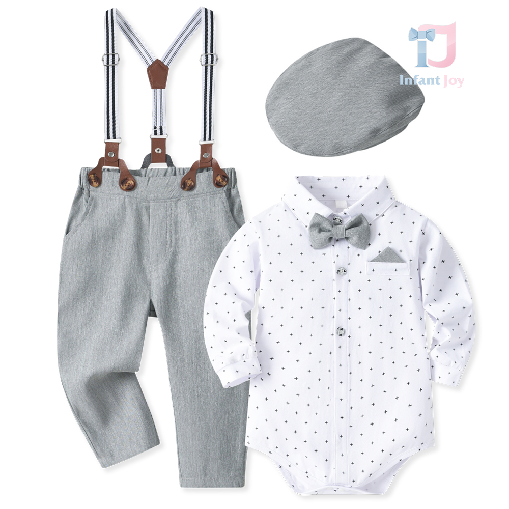 Set formal de 5 piese din body/cămașă cu guler clasic, pantaloni, bretele și șapcă Little Gentleman Grey