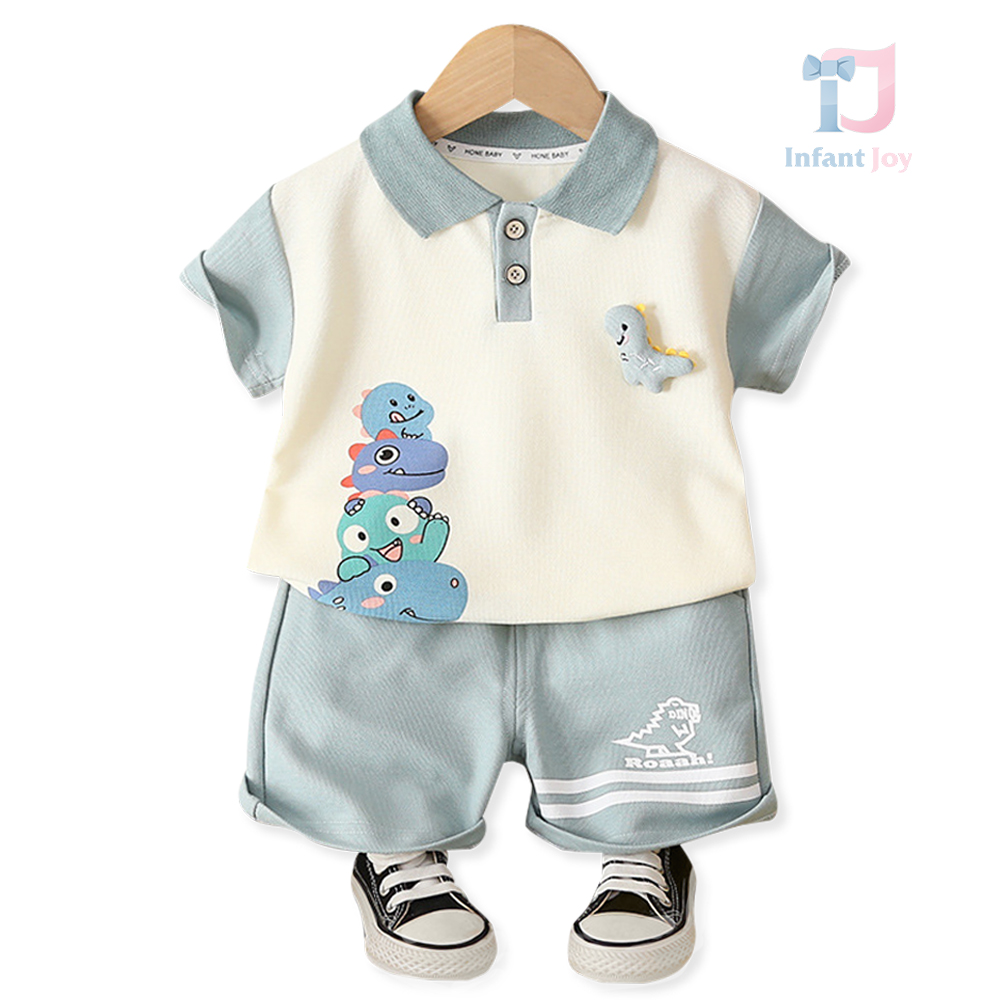 Set de 2 piese din tricou cu guler clasic, element 3D și pantaloni Roaah Dinos