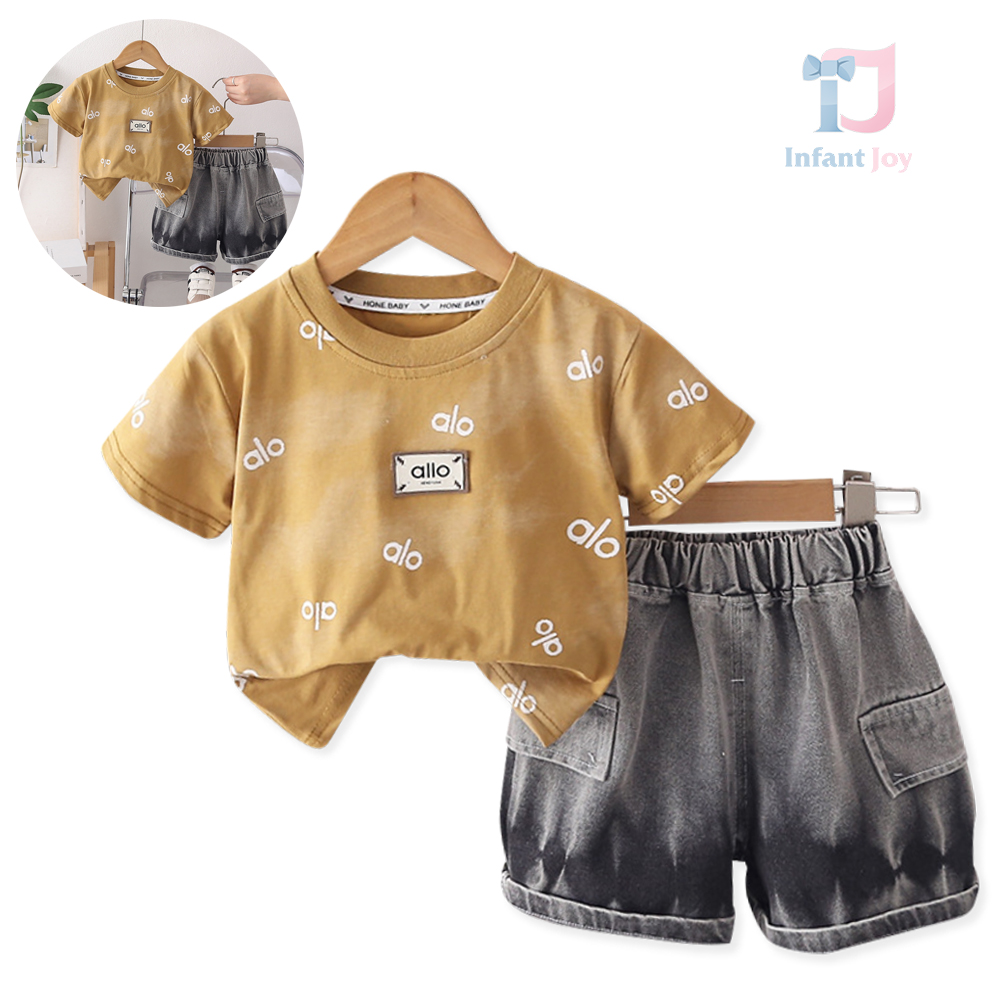 Set de 2 piese format din tricou cu emblemă și pantaloni scurți din denim cu efect batik Alo Batik