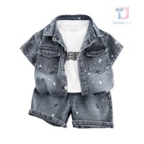 Set modern din denim de 2 piese format din cămașă cu guler clasic, tricou și pantaloni scurți Denim Max Grey