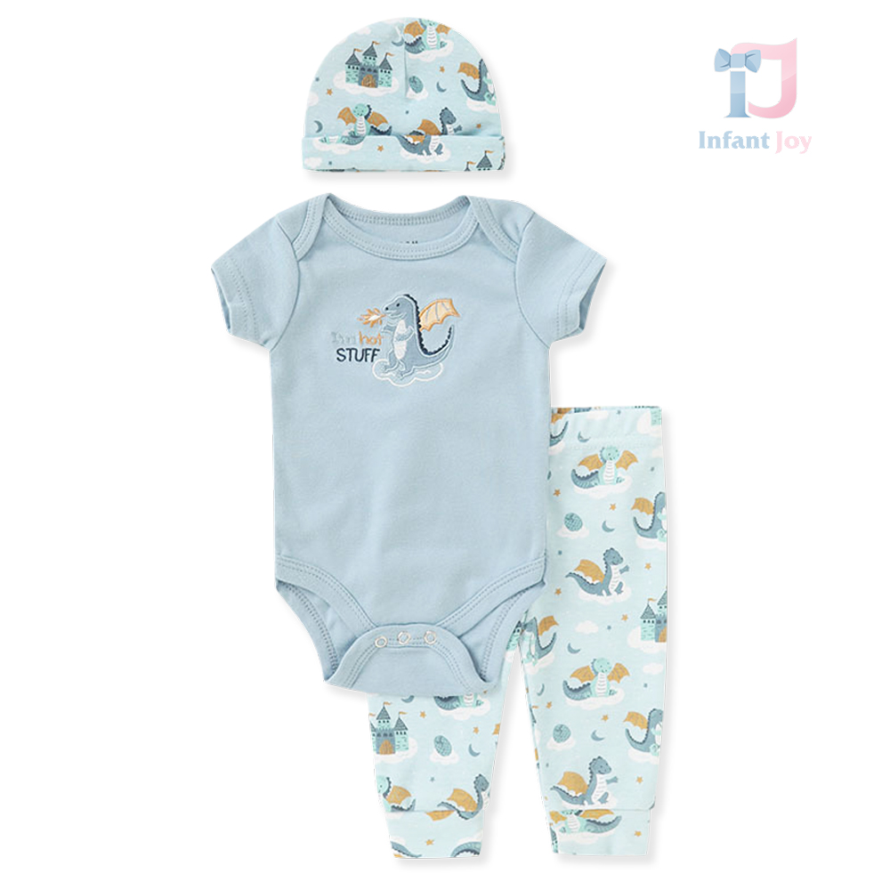 Set de 3 piese din body cu închidere cu capse, pantaloni și căciuliță Dino Land