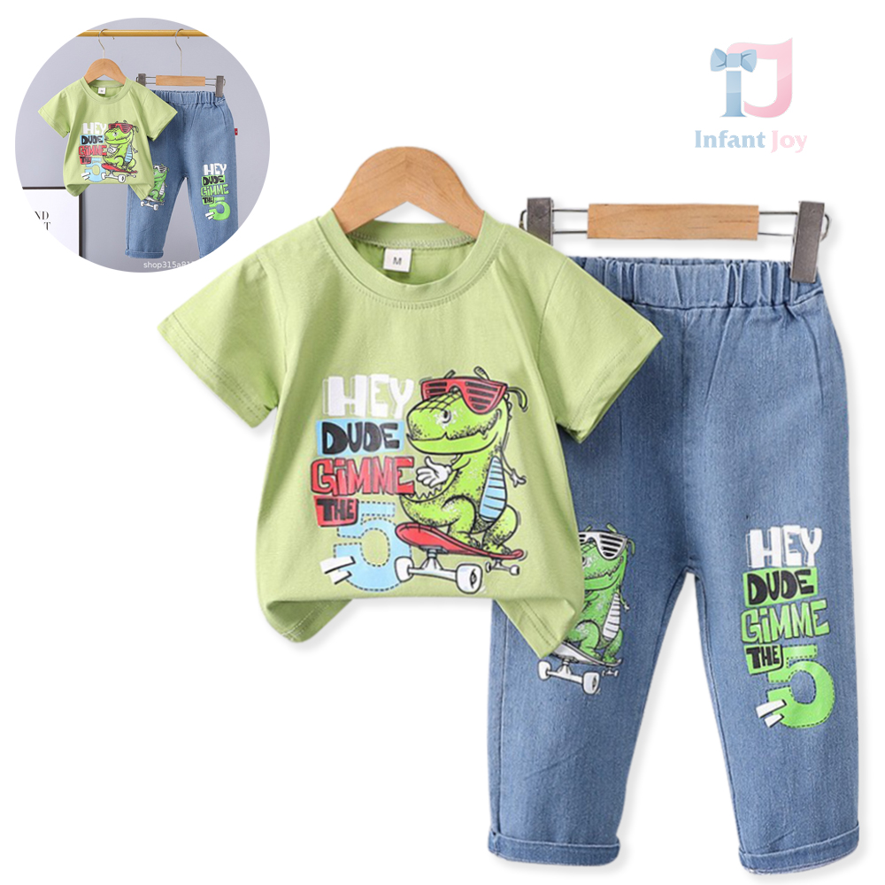 Set de 2 piese din tricou cu imprimeu și pantaloni lungi din denim Hey Dino