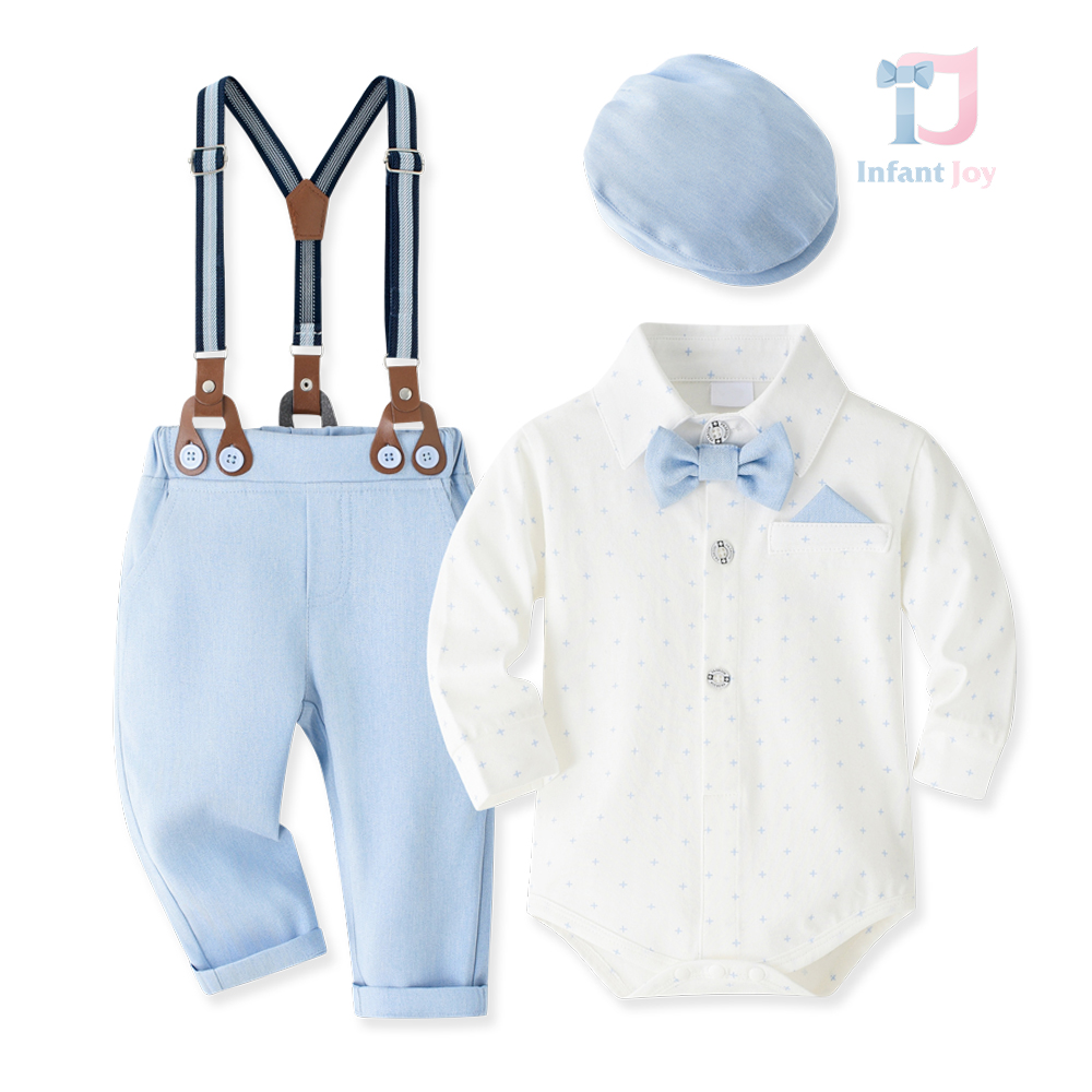 Set formal de 5 piese din body/cămașă cu guler clasic, pantaloni, bretele și șapcă Little Gentleman Blue