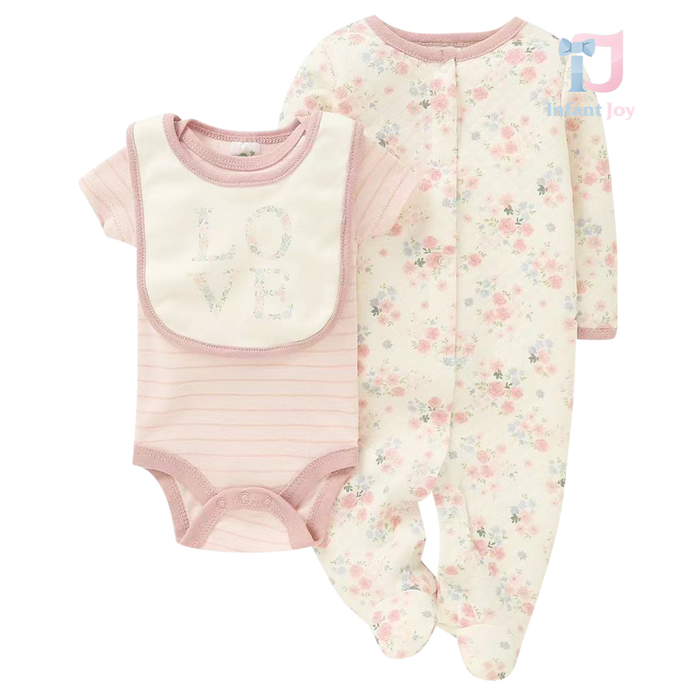Set de 3 piese din romper cu imprimeu floral, body și bavetă Love Roses