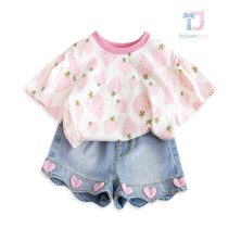 Set de 2 piese din tricou cu imprimeu cu căpșuni și pantaloni din denim cu inimioare 3D Love Strawberries