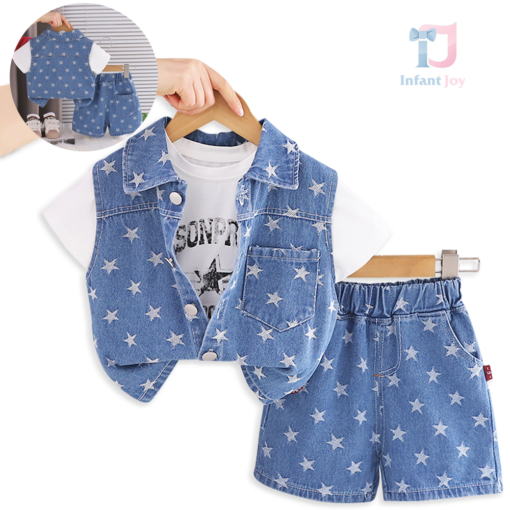 Set de 2 piese din vestă din denim, tricou cu imprimeu și pantaloni scurți Rock Star