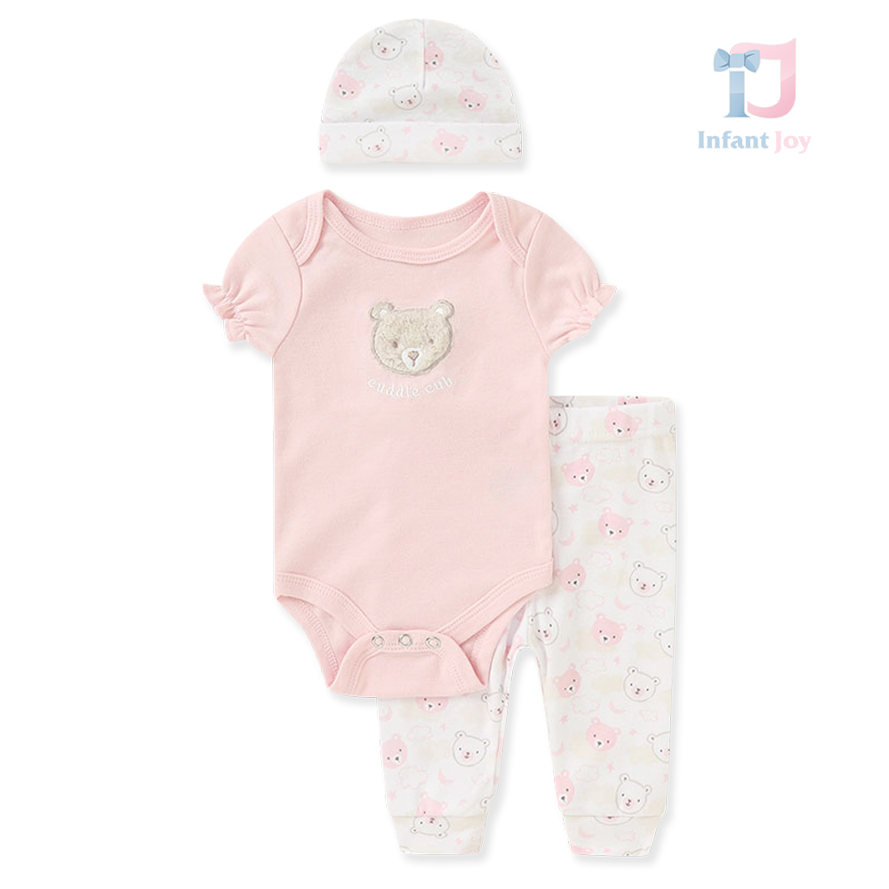 Set de 3 piese din body cu închidere cu capse, pantaloni și căciuliță SoftPink Bears
