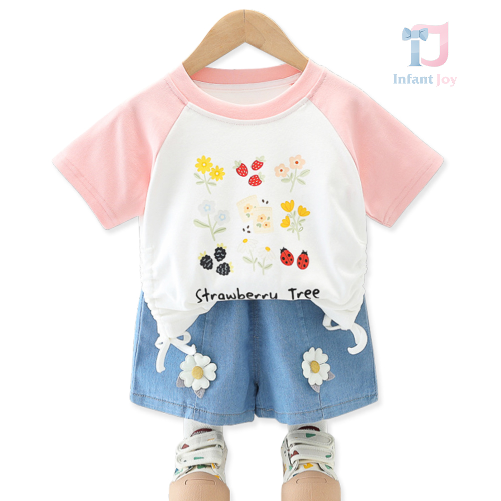 Set de 2 piese din tricou cu imprimeu și pantaloni scurți din denim cu elemente 3D Strawberry Tree